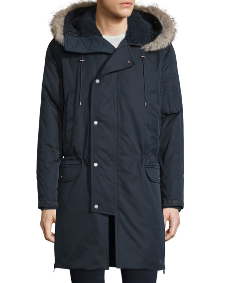 Vince Micro-fleece Hooded Parka Jacket W/fur Trim, Coastal | ModeSens