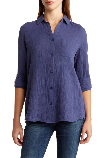 Beachlunchlounge Alessia Long Sleeve Cotton Button-up Shirt In Navy Time
