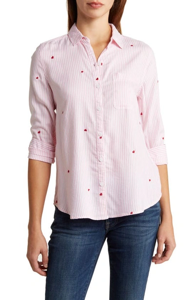 Beachlunchlounge Kaylee Heart Stripe Long Sleeve Button-up Shirt In Dreamy Pink Hearts