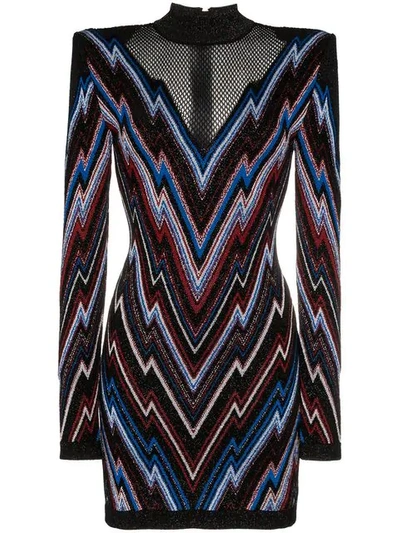 Balmain Chevron Pattern Mesh Panel Knit Mini Dress In Multicolor