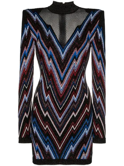 Balmain Chevron Pattern Mesh Panel Knit Mini Dress In Multicolor | ModeSens