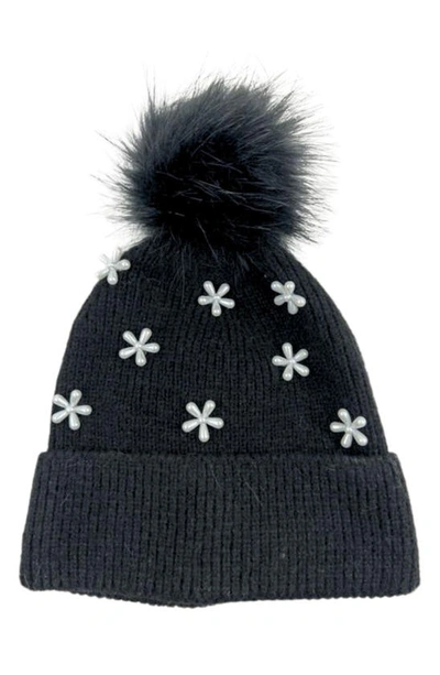 Marcus Adler Pearl Flower Faux Fur Pompom Beanie In Black