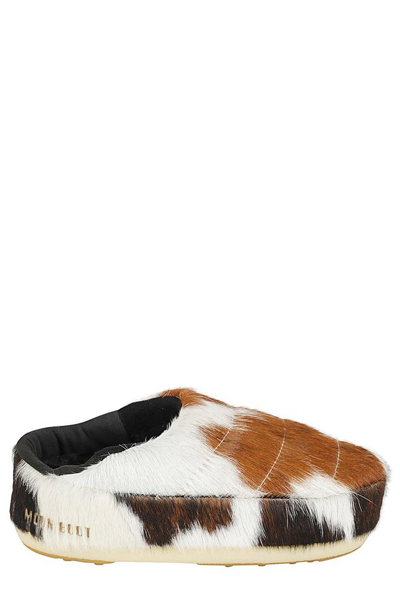 Moon Boot Cow-print Pony Hair Mules In White