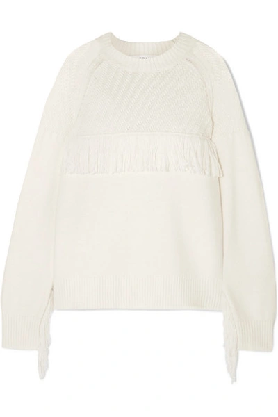 Frame Fringe Cotton Crewneck Sweater In Off White