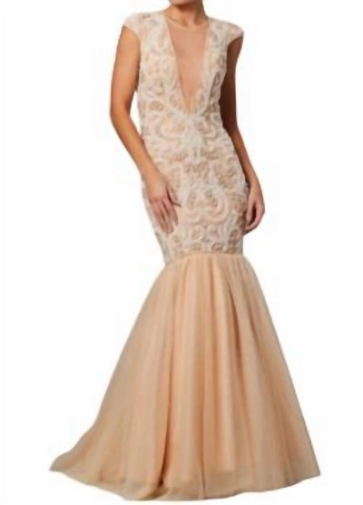 Jovani Cap Sleeve Mermaid Gown In Nude In Brown