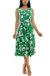 Nina Leonard Crewneck Sleeveless Midi Dress In True Green/ Ivory