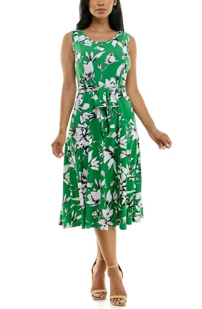 Nina Leonard Crewneck Sleeveless Midi Dress In True Green/ Ivory