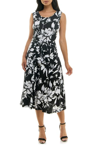 Nina Leonard Crewneck Sleeveless Midi Dress In Black/ Ivory Combo