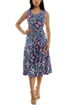 Nina Leonard Crewneck Sleeveless Midi Dress In Navy Pink Multi