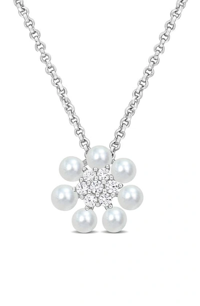 Delmar Flower Diamond & Freshwater Pearl Pendant Necklace In Metallic