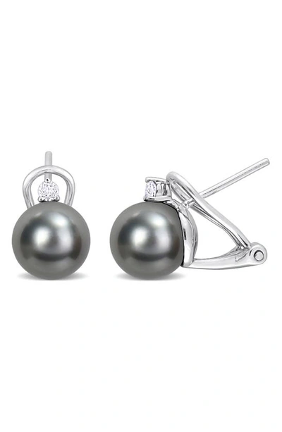 Delmar Sterling Silver 8–8.5mm Cultured Black Tahitian Pearl & White Topaz Stud Earrings In Metallic