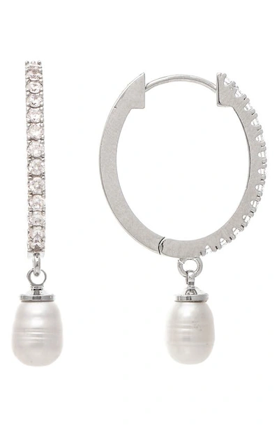 Rivka Friedman Pavé Cubic Zirconia Imitation Pearl Drop Hoop Earrings In White Rhodium Clad