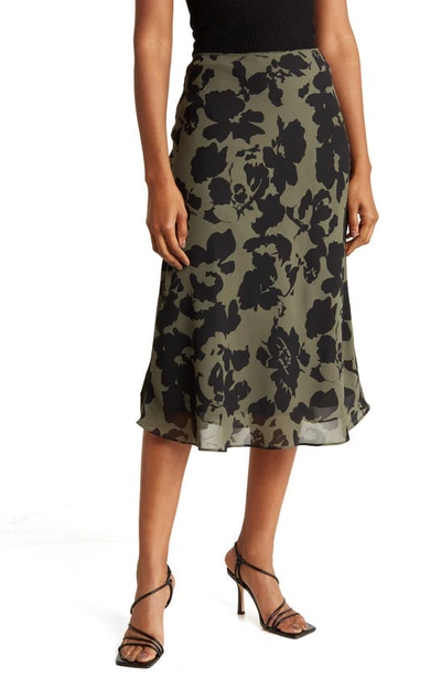 Nordstrom Rack Chiffon Bias Midi Skirt In Green Beetle-black Camo