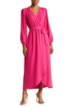 Connected Apparel Faux Wrap Long Sleeve Maxi Dress In Fuchsia