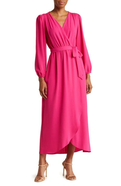 Connected Apparel Faux Wrap Long Sleeve Maxi Dress In Fuchsia