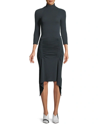 Atlein Turtleneck 3/4-sleeve Fitted Ruched Jersey Dress W/ Drape Hem In Teal