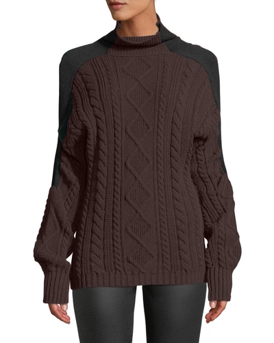 Atlein Turtleneck Stripe-sleeve Cable-knit Pullover Wool Sweater In Brown