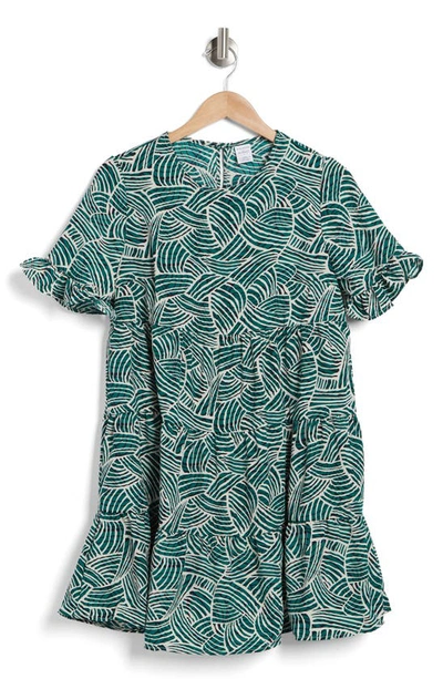 Melrose And Market Tiered Short Sleeve Dress In Green Abstract Leaf