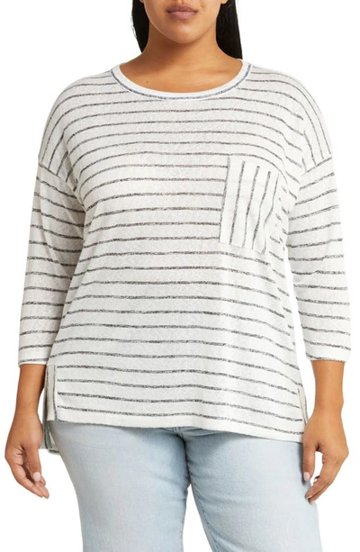 Caslon ® Stripe 3/4 Sleeve Tunic T-shirt In Ivory- Black Stripe