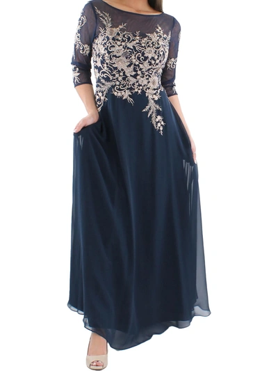 Betsy & Adam Womens Mesh Embroidered Evening Dress In Blue