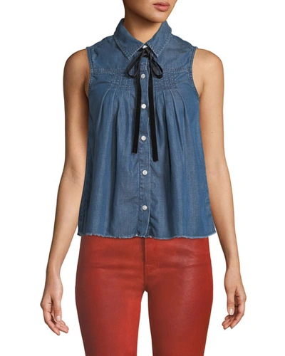 Frame Sleeveless Button-front Pintuck Tie-neck Chambray Shirt In Springfield