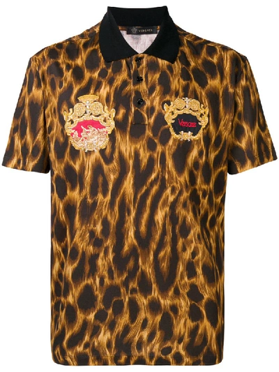 Versace Animalier Embroidered Polo Shirt In Brown