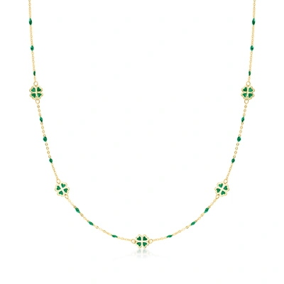Ross-simons Italian Green Enamel Clover Station Necklace In 14kt Yellow Gold In Multi