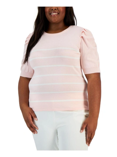 Anne Klein Plus Womens Striped Puff Sleeves Pullover Top In Multi