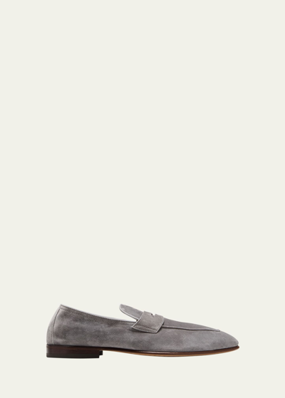 Brunello Cucinelli Suede Penny Loafers In Grey