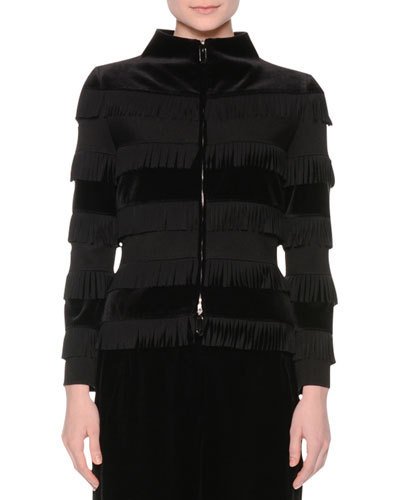 Giorgio Armani Zip-front Tiered-fringe Velvet Jacket, Black | ModeSens