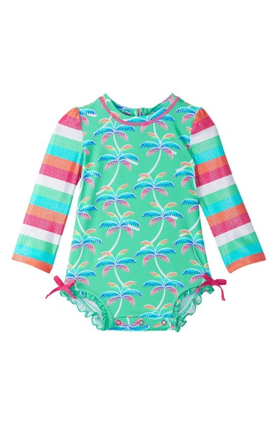 Hatley Babies' Rainbow Palm Long Sleeve One-piece Rashguard Swimsuit In Biscay Green