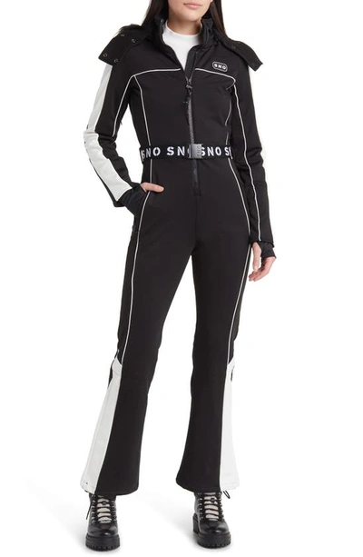 Topshop Hooded Belted Flare Leg Ski Suit With Faux Fur Trim In Black