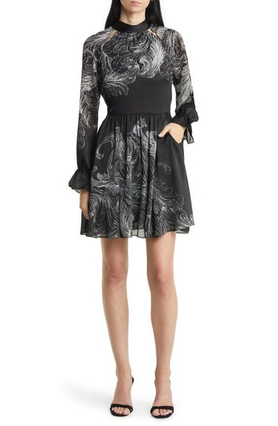 Ted Baker Jazmyn Print Pleated Long Sleeve Minidress In Black