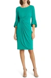 Connected Apparel Faux Wrap Bell Sleeve Jersey Cocktail Dress In Jade