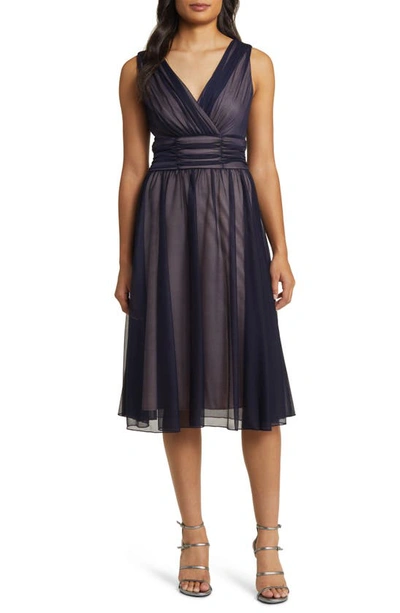 Connected Apparel Chiffon Overlay Fit & Flare Dress In Navy Mauve