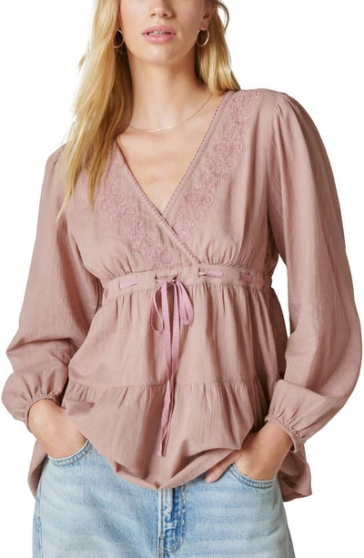 Lucky Brand Embroidered Long Sleeve Cotton Babydoll Top In Twilight Mauve