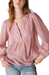 Lucky Brand Lace Inset Long Sleeve Cotton Top In Pink