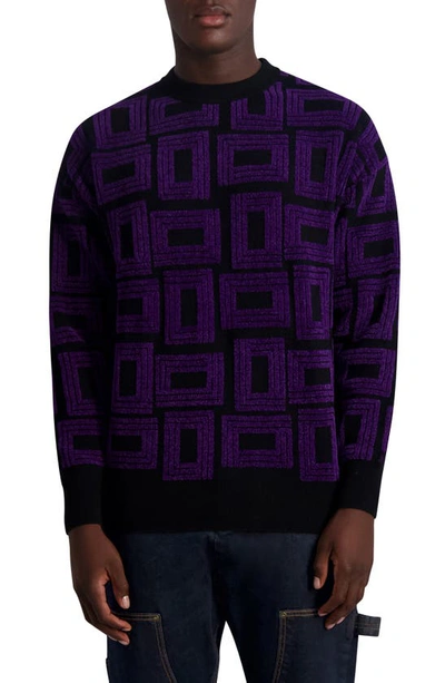 Karl Lagerfeld Geo Pattern Crewneck Sweater In Purple/ Black