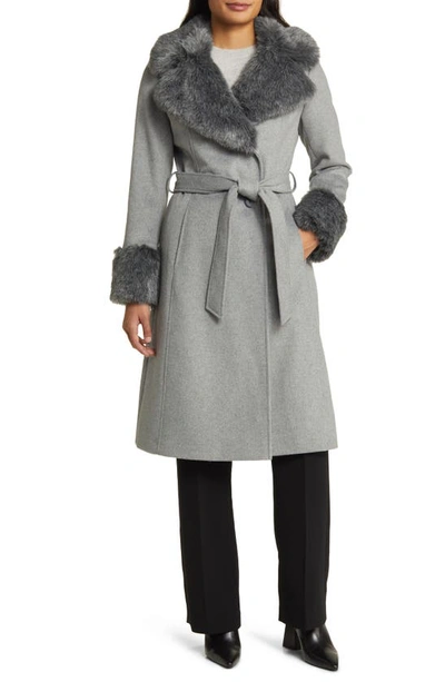 Via Spiga Wool Blend Belted Coat With Faux Fur Trim In Heather Grey