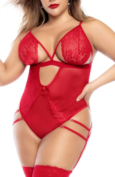 Mapalé Cutout Lace Teddy & Garter Straps In Red