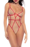 Mapalé Mapale Sheer Mesh & Contrast Binding Teddy In Nude/ Red