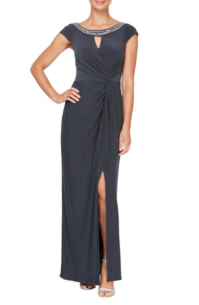 Alex Evenings Embellished Neck Cap Sleeve Column Gown In Charcoal