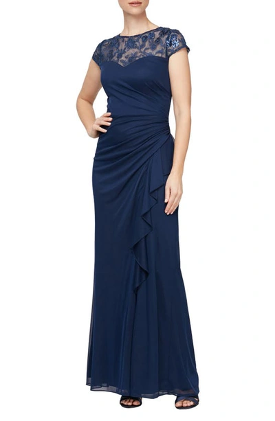 Alex Evenings Cascade Sequin Embroidered Gown In Navy