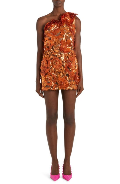 Valentino Sequin Floral Embroidery One-shoulder Minidress In Off Orange
