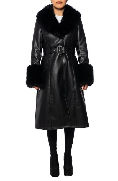 Azalea Wang Belted Faux Fur Trim Faux Leather Trench Coat In Black