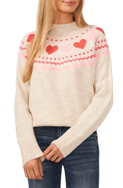 Cece Fair Isle Heart Pattern Funnel Neck Sweater In Malted