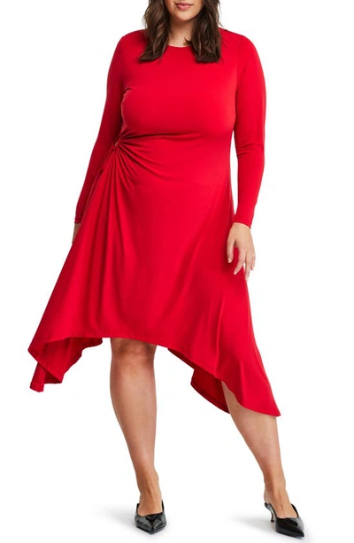 Estelle Ruched Asymmetric Hem Long Sleeve Jersey Midi Dress In Scarlet Red