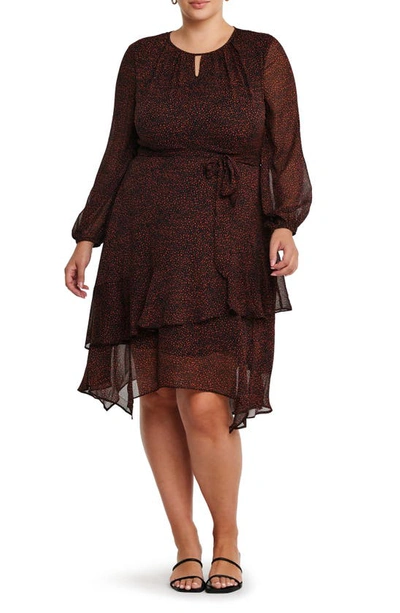 Estelle Camilla Print Tie Waist Long Sleeve Chiffon Dress In Black/ Walnut