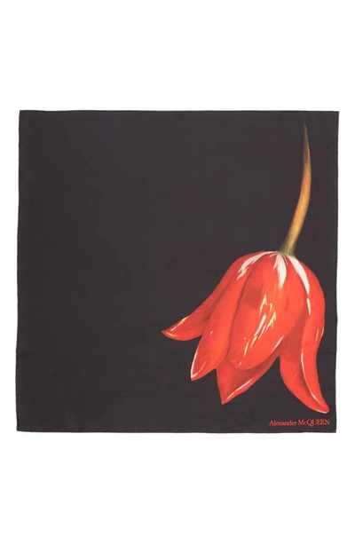 Alexander Mcqueen Tulip Print Silk Square Scarf In Black/ Red