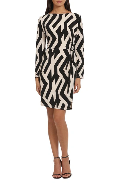Donna Morgan For Maggy Print Long Sleeve Twisted Waist Dress In Black/ Beige